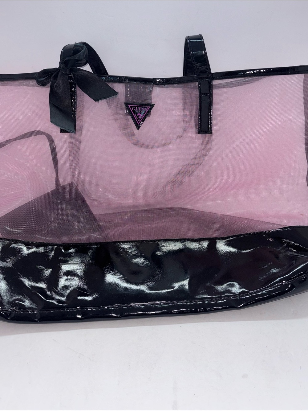 GUESS Pink Mesh Tote with Black Patent Trim and Bow